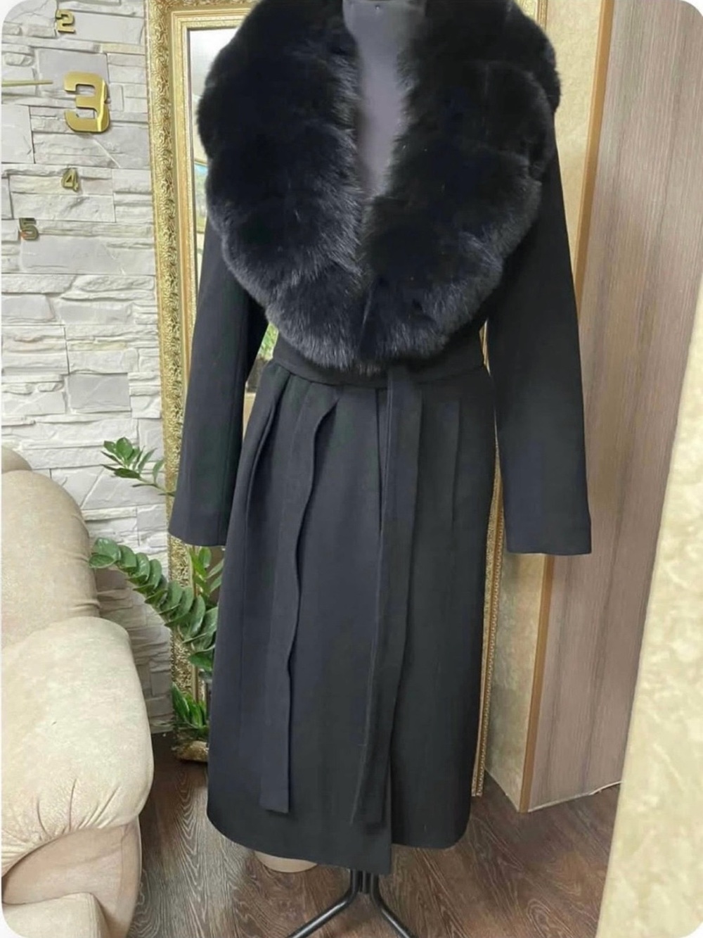 Midi-length winter coat with real fur, size L